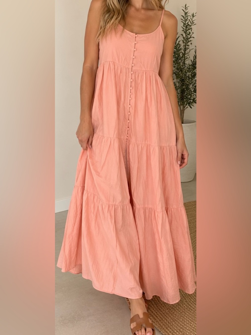 NWT Endless Rose Coral Pink Button Front Tiered Maxi Dress L